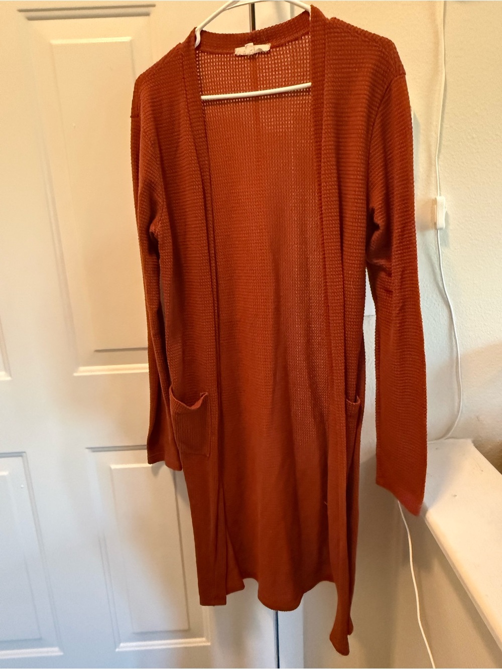 Open-Front Long Cardigan Sweater in Rust